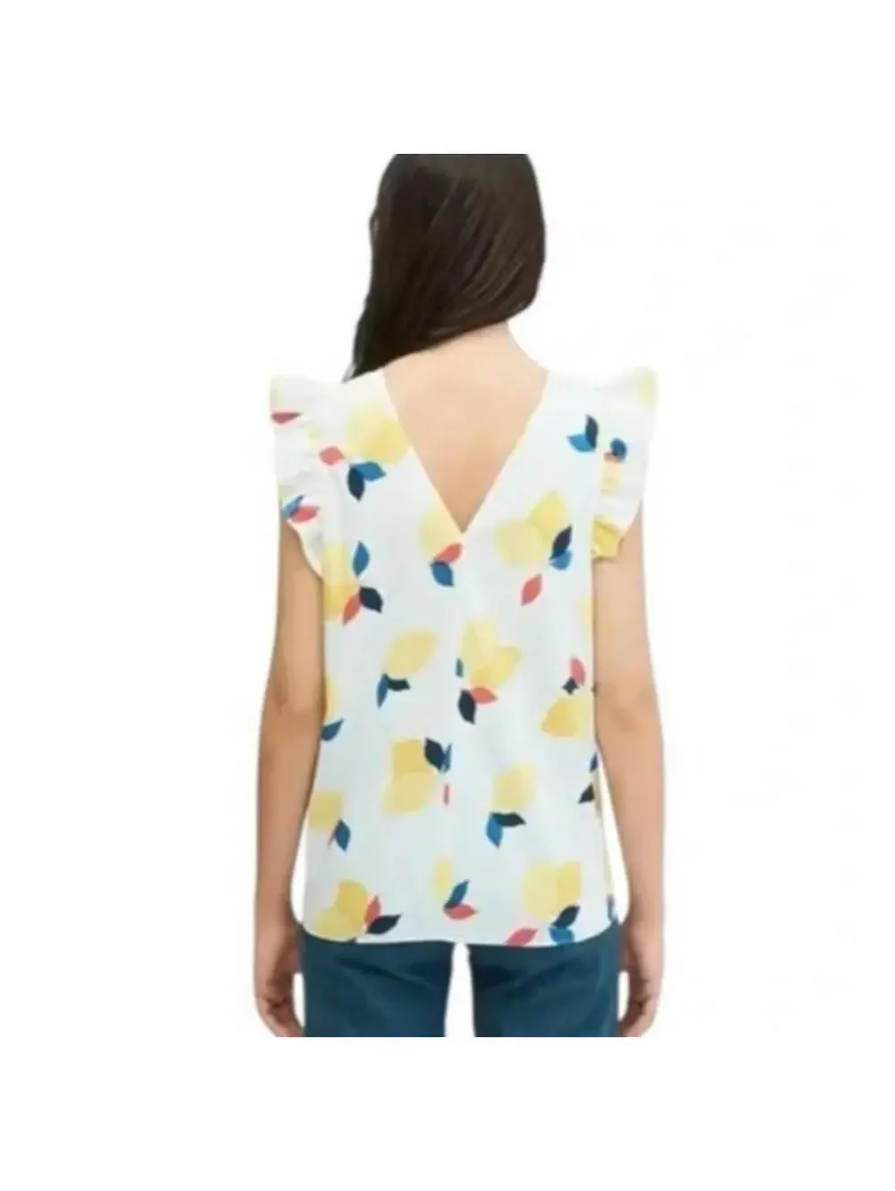 Kate Spade New York Lemon Print Ruffle Sleeve Top White Yellow XS - Picture 4 of 9